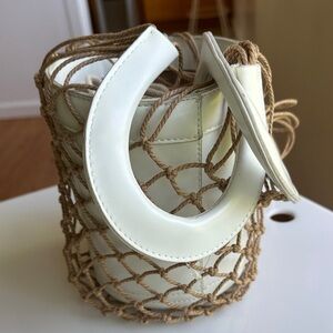 STAUD White Leather Bucket Bag with Tan Woven Net